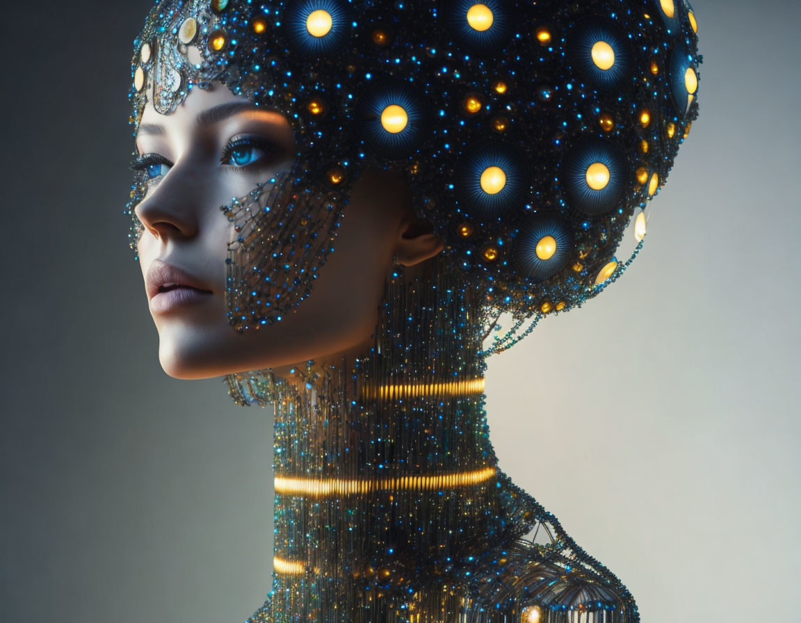 Avant-garde woman in futuristic headgear with glowing orbs and beads