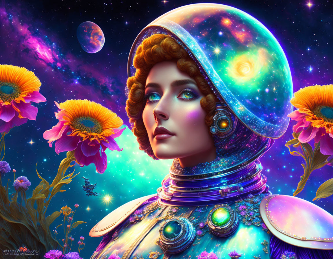 Digital artwork: Woman in retro-futuristic space helmet among sunflowers, cosmic backdrop.