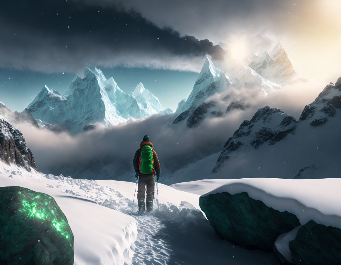 Person in winter gear gazes at snowy mountain scene with green orb under starry sky