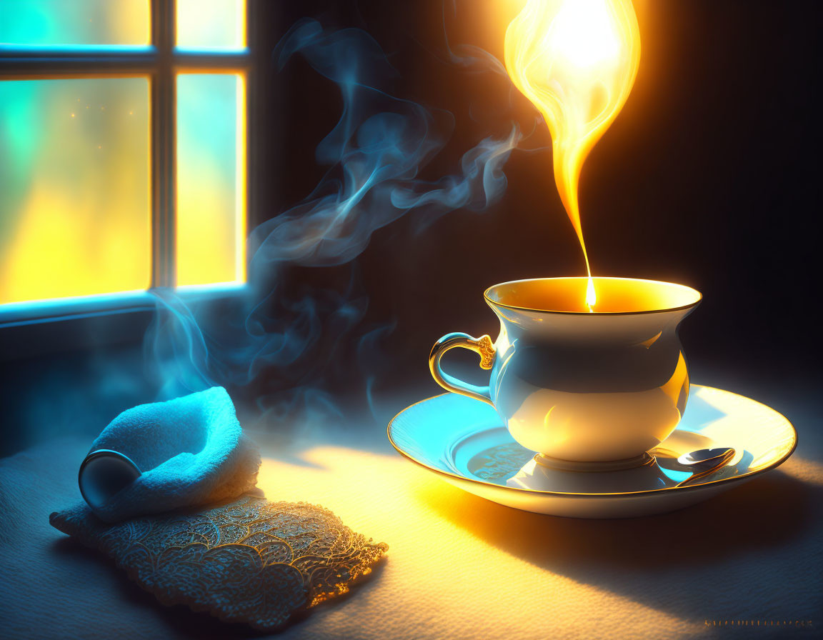 Steamy aroma of warm tea by window at sunrise or sunset