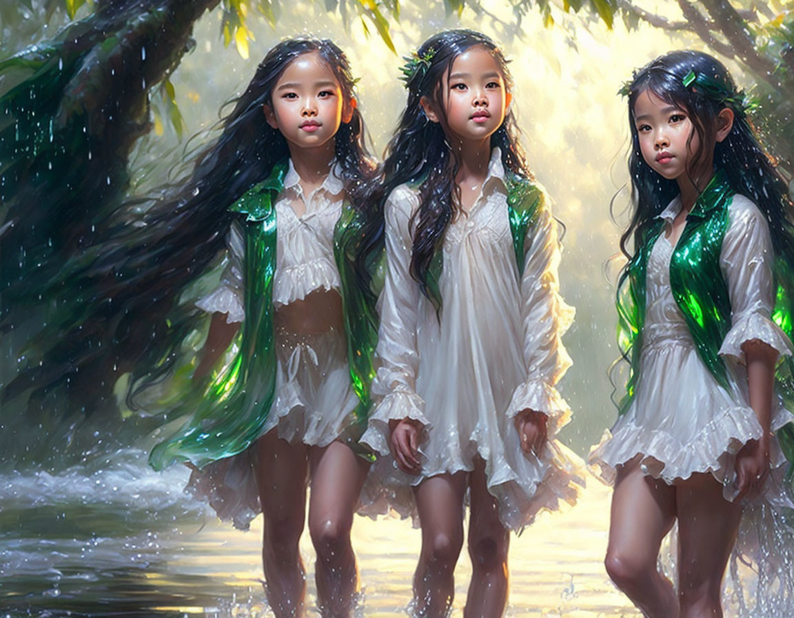 Three identical girls in white dresses with long dark hair in a sunlit forest