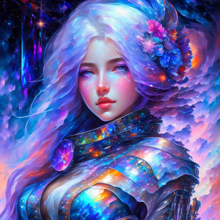 Fantasy portrait of woman with white hair and vibrant celestial-themed outfit.