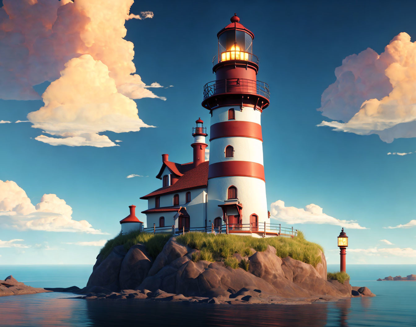 Red and white striped lighthouse on rocky islet by serene sea