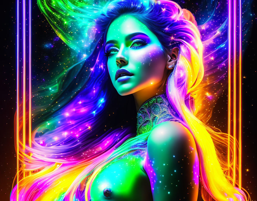 Colorful portrait of a woman with neon hair and glowing skin on dark background