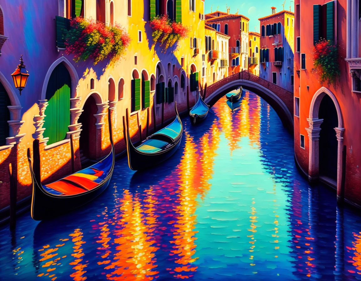 Venice Canal Painting with Gondolas and Colorful Buildings