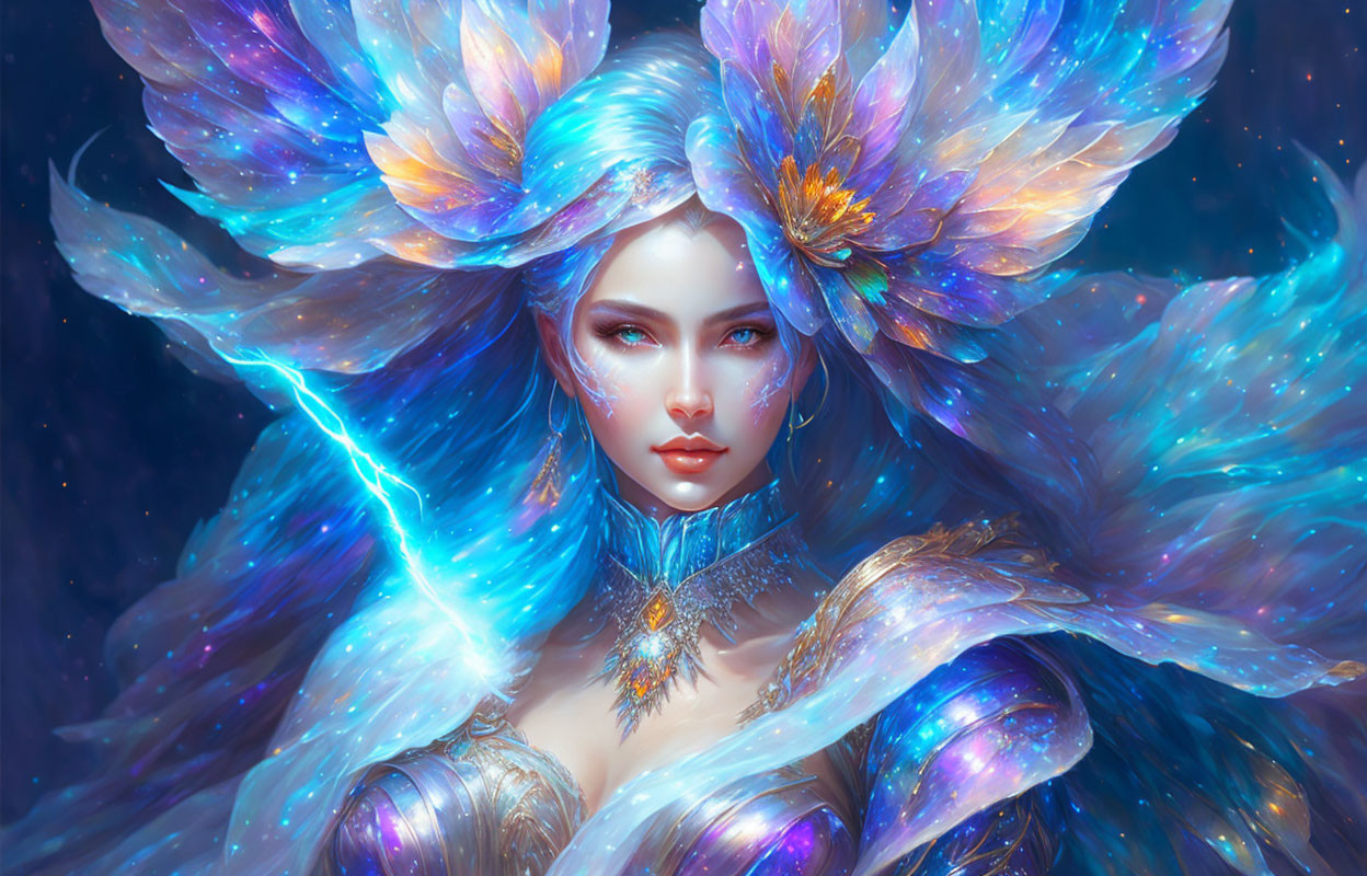 Fantastical female figure with blue hair and glowing butterfly wings