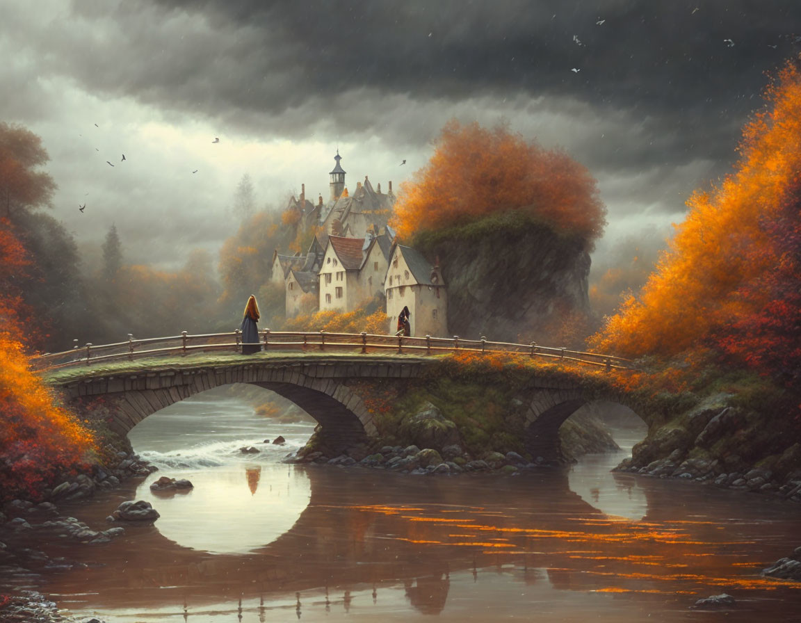 Individuals crossing stone bridge to castle by river under cloudy sky