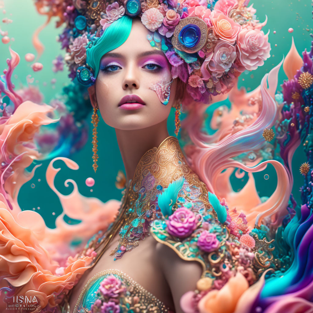 Colorful portrait of a woman with turquoise hair and floral elements in intricate fantasy patterns.