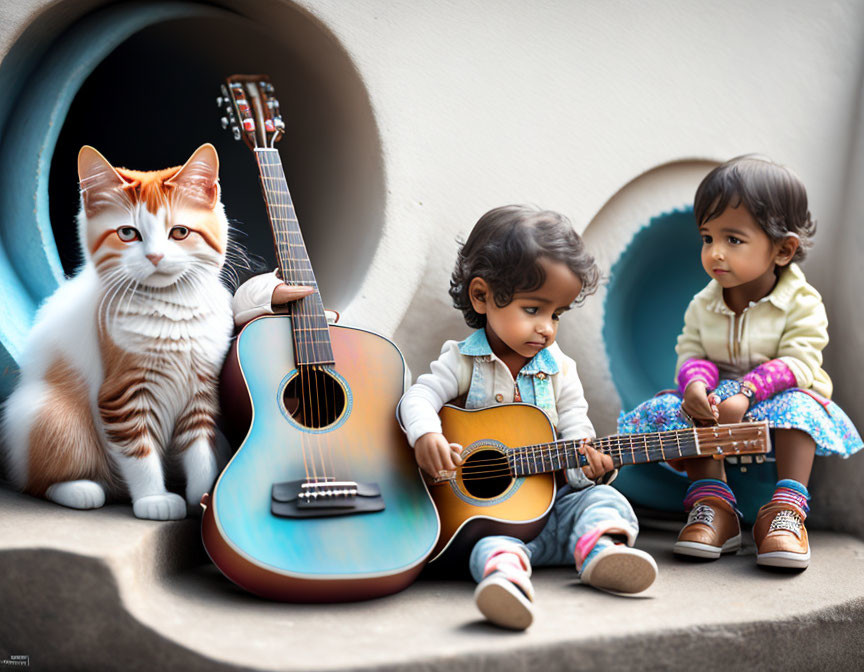 Two toddlers, a cat, and acoustic guitars in cozy scene.