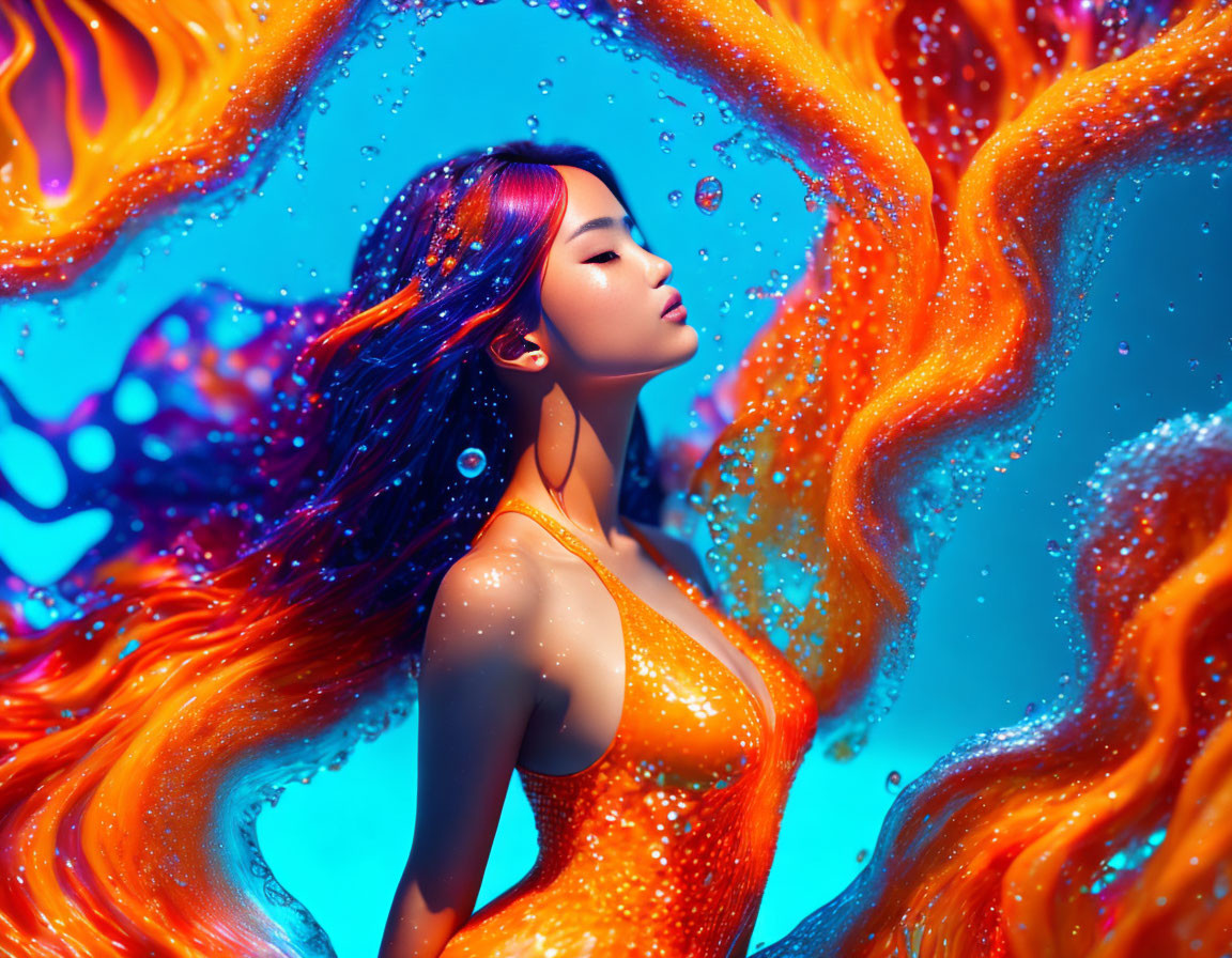 Vibrant purple-haired woman in surreal fiery aquatic scene