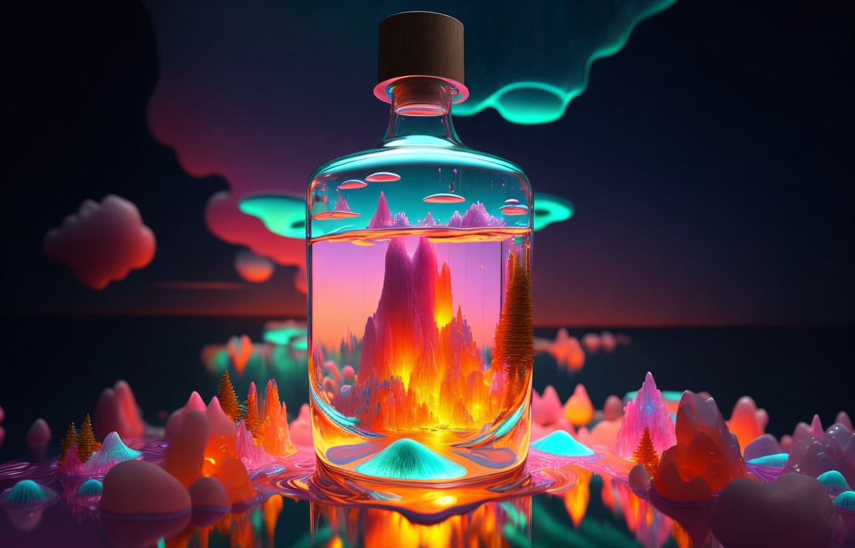 Surreal landscape in glass bottle: Glowing mountains, neon clouds