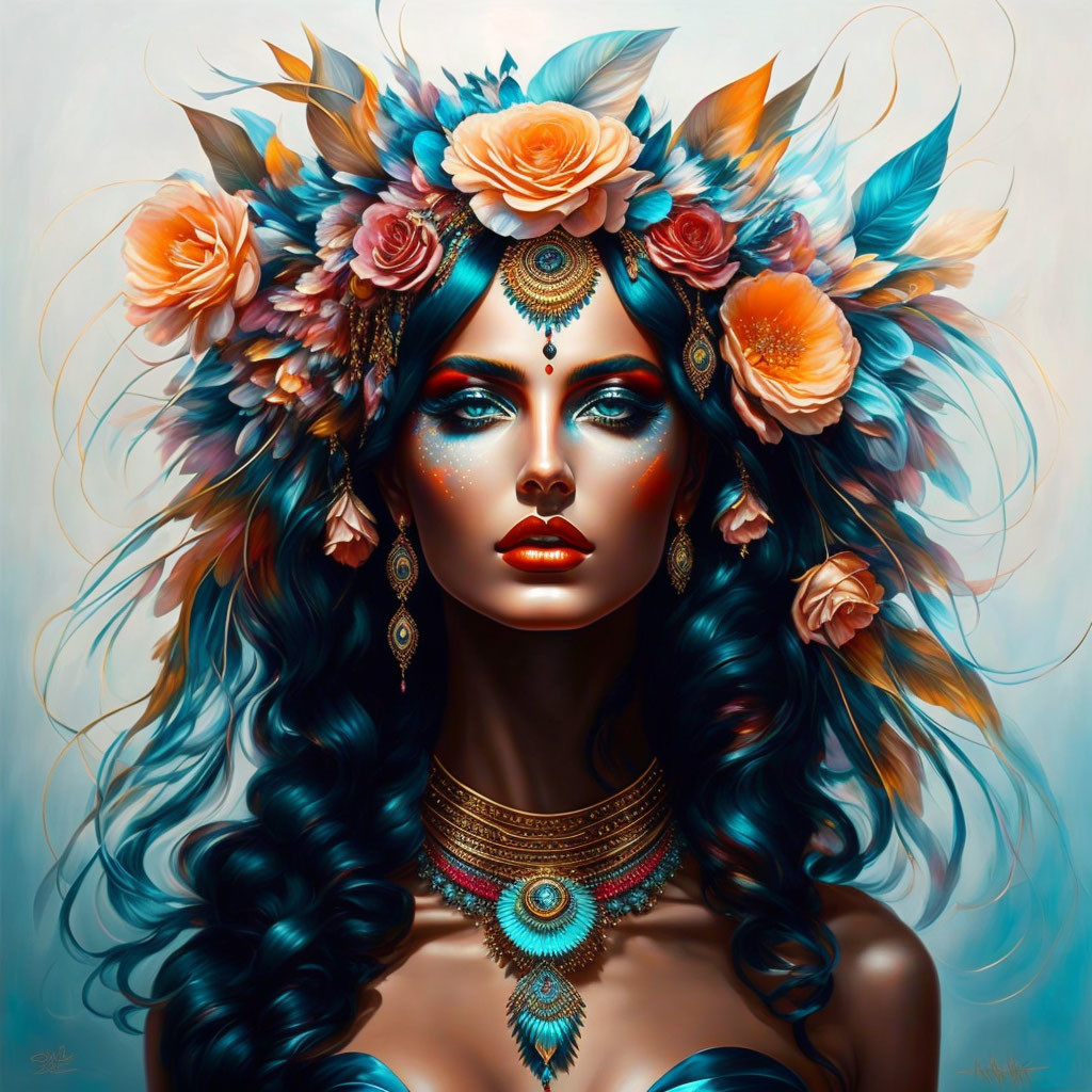 Digital portrait: Woman with blue hair, floral headdress, ornate jewelry