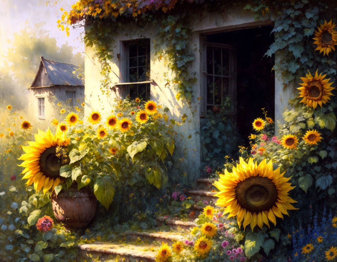 Charming cottage with sunflowers and stone pathway