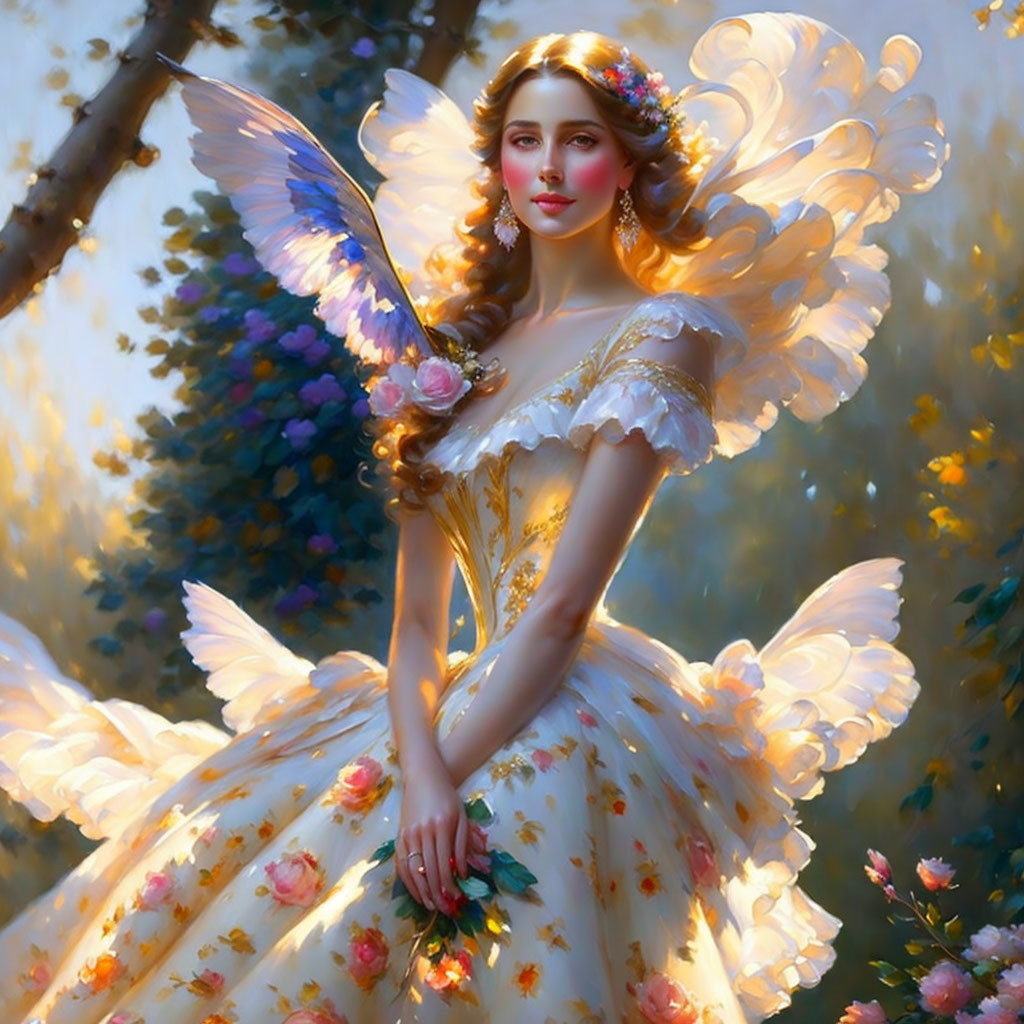 Illustration of woman with fairy wings in flower dress in enchanted forest