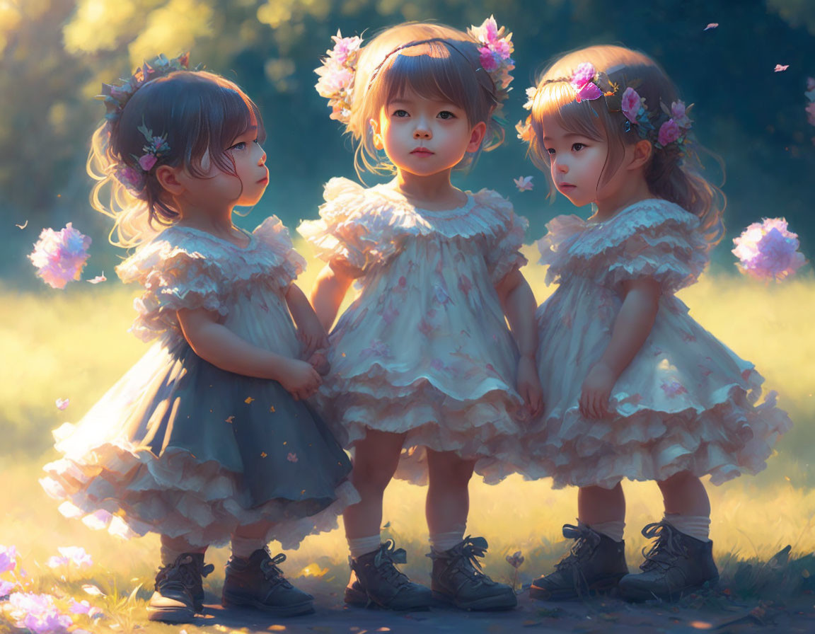 Three young girls in floral dresses and boots in sunlit field with floating petals.