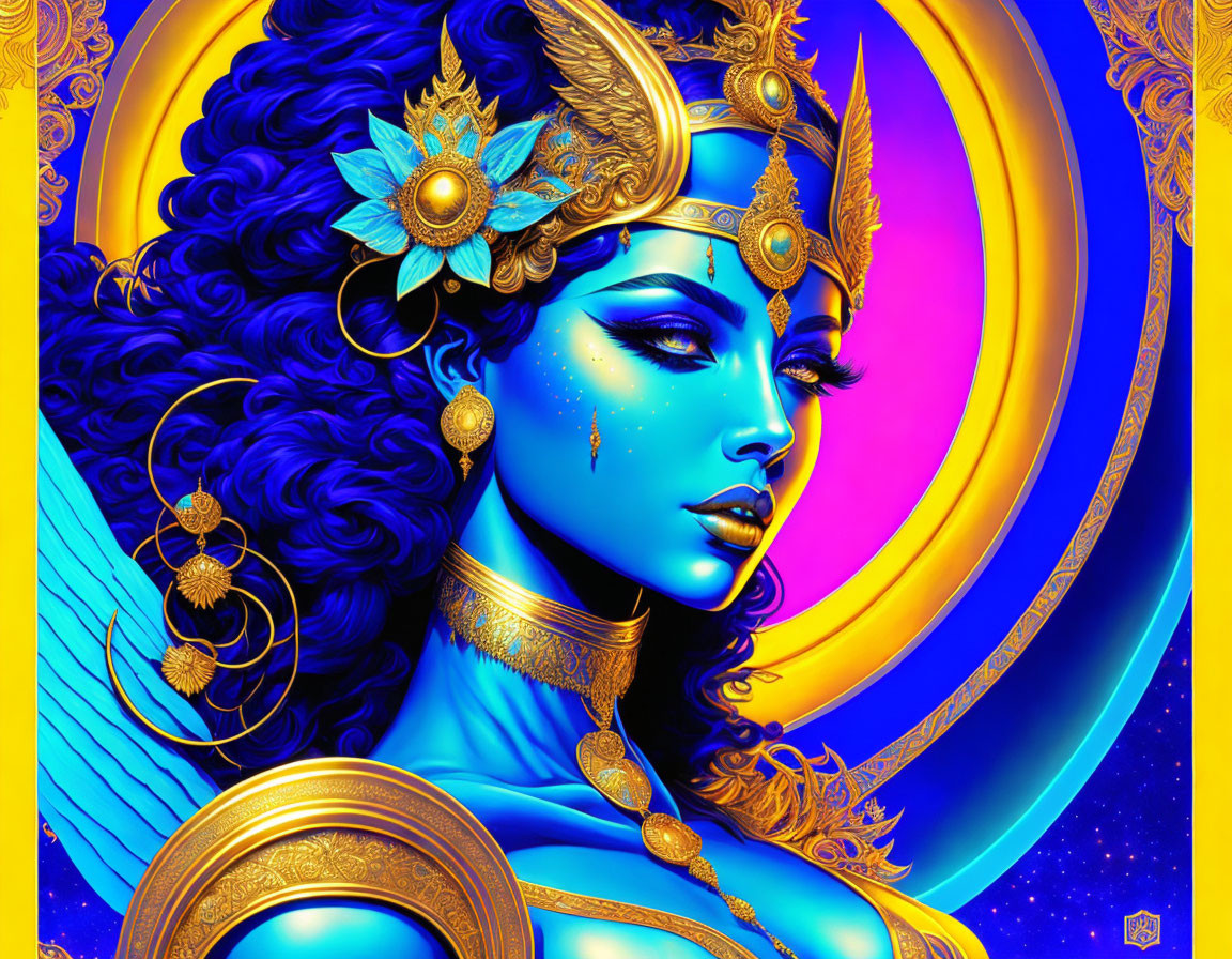 Colorful woman with blue skin and ornate headpiece on celestial background