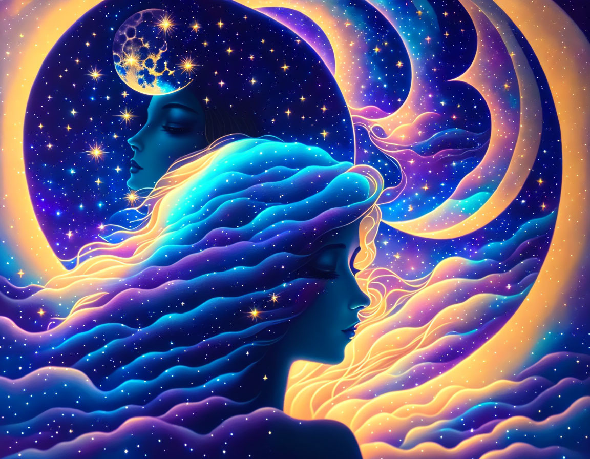 Colorful artwork: Two female silhouettes with flowing hair in cosmic setting