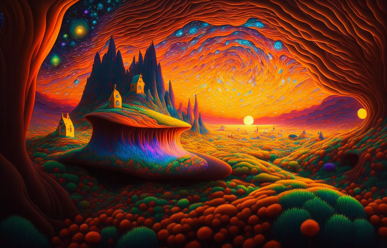 Colorful fantasy landscape with mushroom structures under starry sky