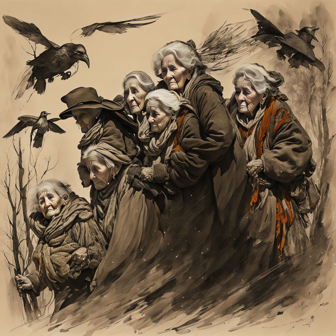 Eight elderly women with crows in sepia-toned scene