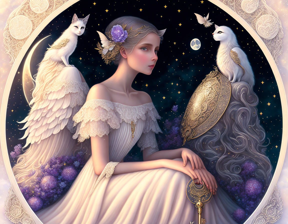 Fantasy illustration of woman with angelic wings and winged cats in circular frame