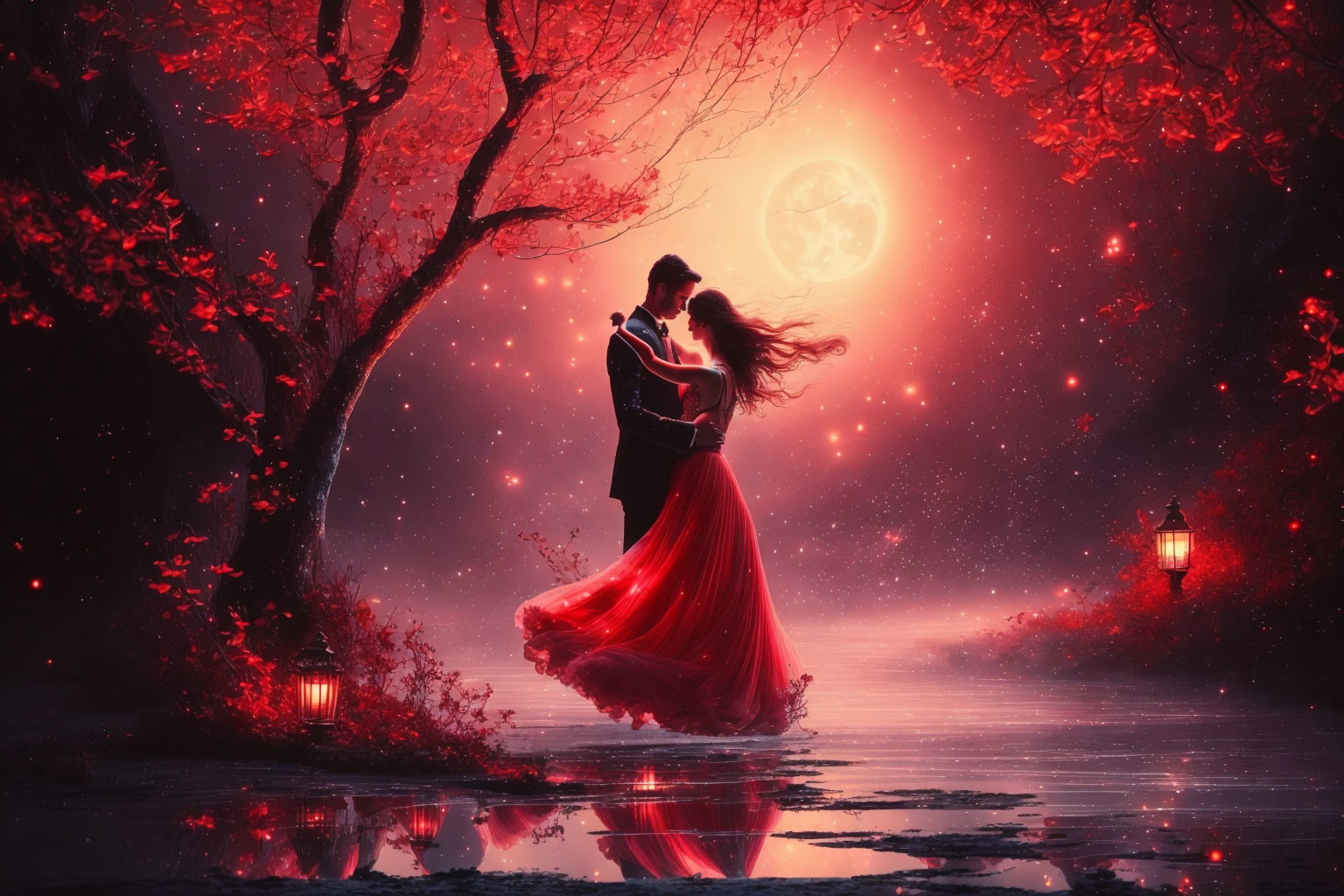 Formal attire couple dancing under full moon in mystical red forest