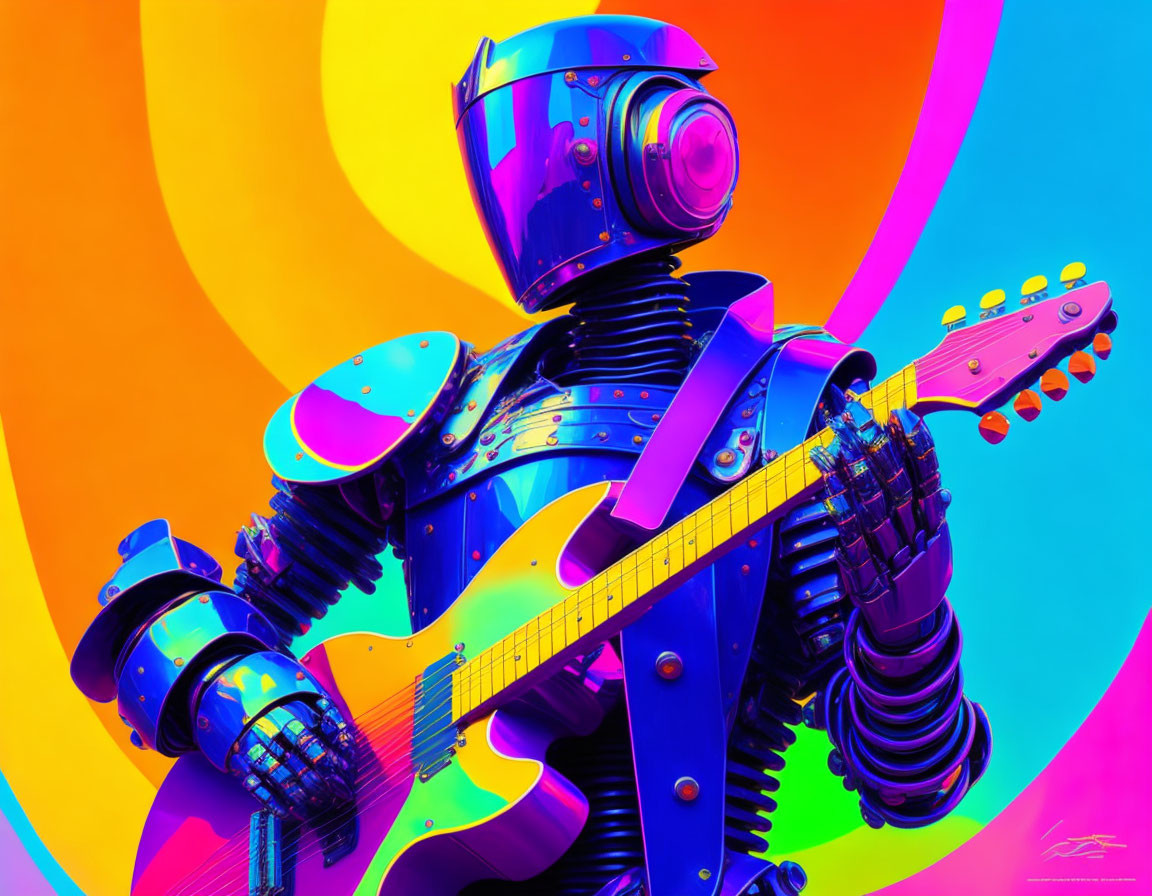 Vibrant robot playing electric guitar on colorful background