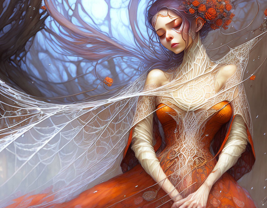 Fantasy female figure with closed eyes in vibrant orange hues.