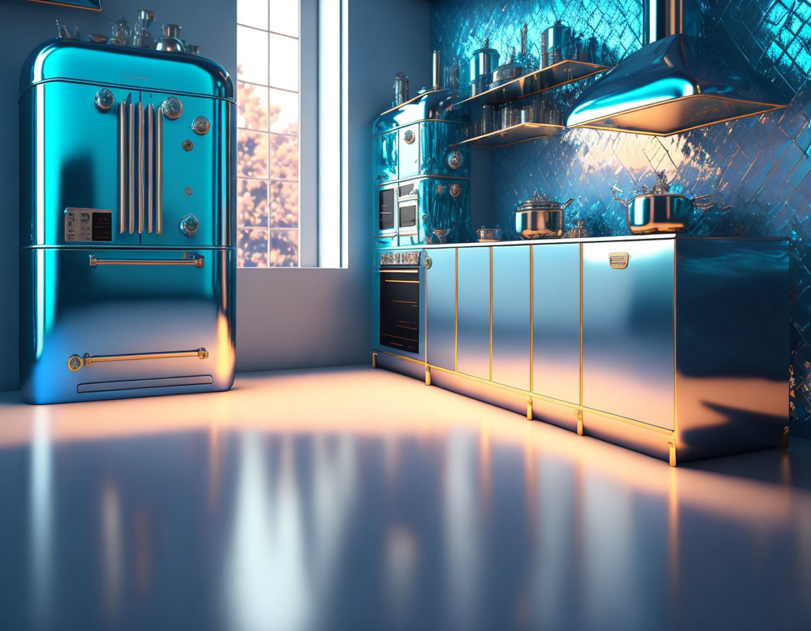 Modern Kitchen with Metallic Blue Cabinets and Retro-Style Fridge