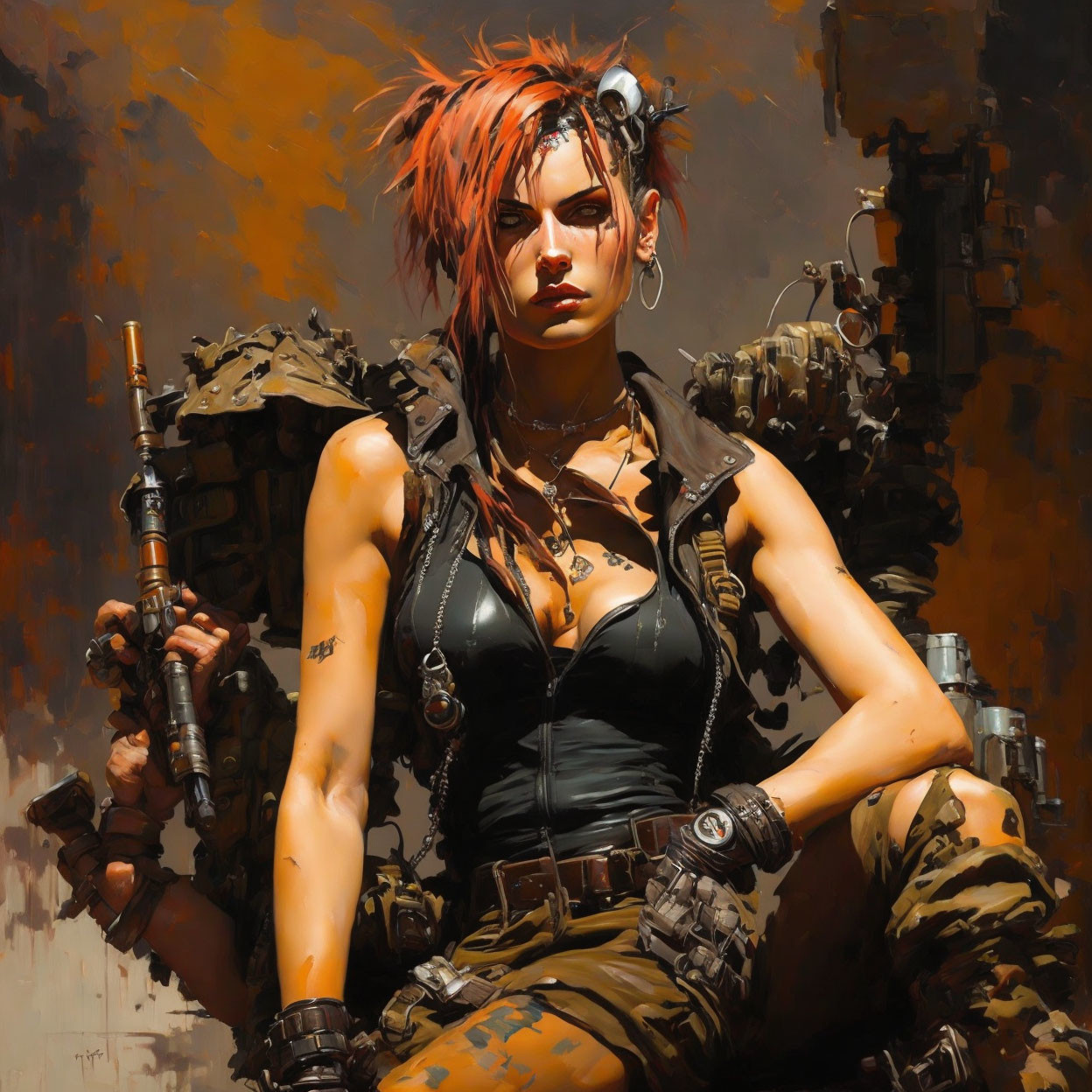 Pink-Streaked Hair Woman in Combat Attire with Weapon in Post-Apocalyptic Setting