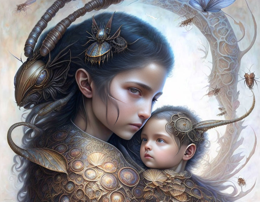 Fantastical artwork featuring characters in intricate metallic armor with swirling designs.