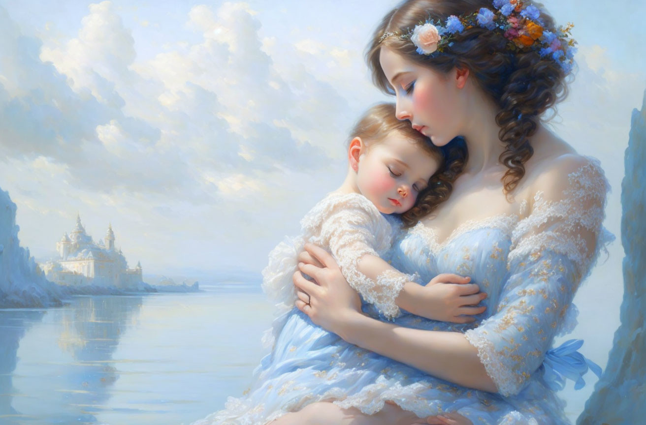 Serene painting of woman with child in blue dress and castle backdrop