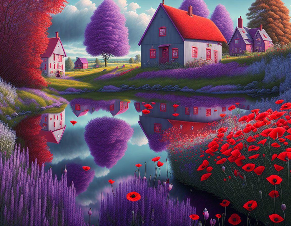 Vibrant landscape with colorful houses, purple trees, river, poppy field, and pink sky