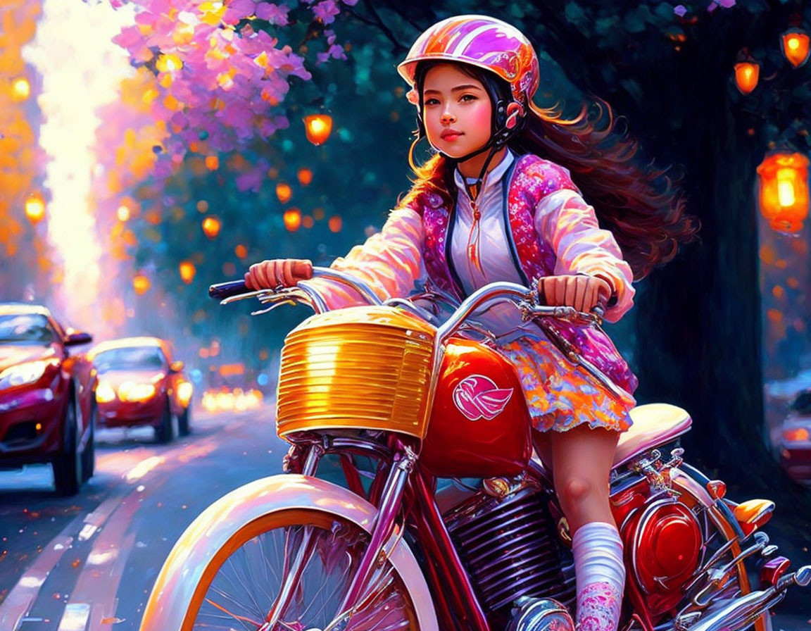 Young girl on red bicycle in vibrant autumn street with golden leaves and parked cars