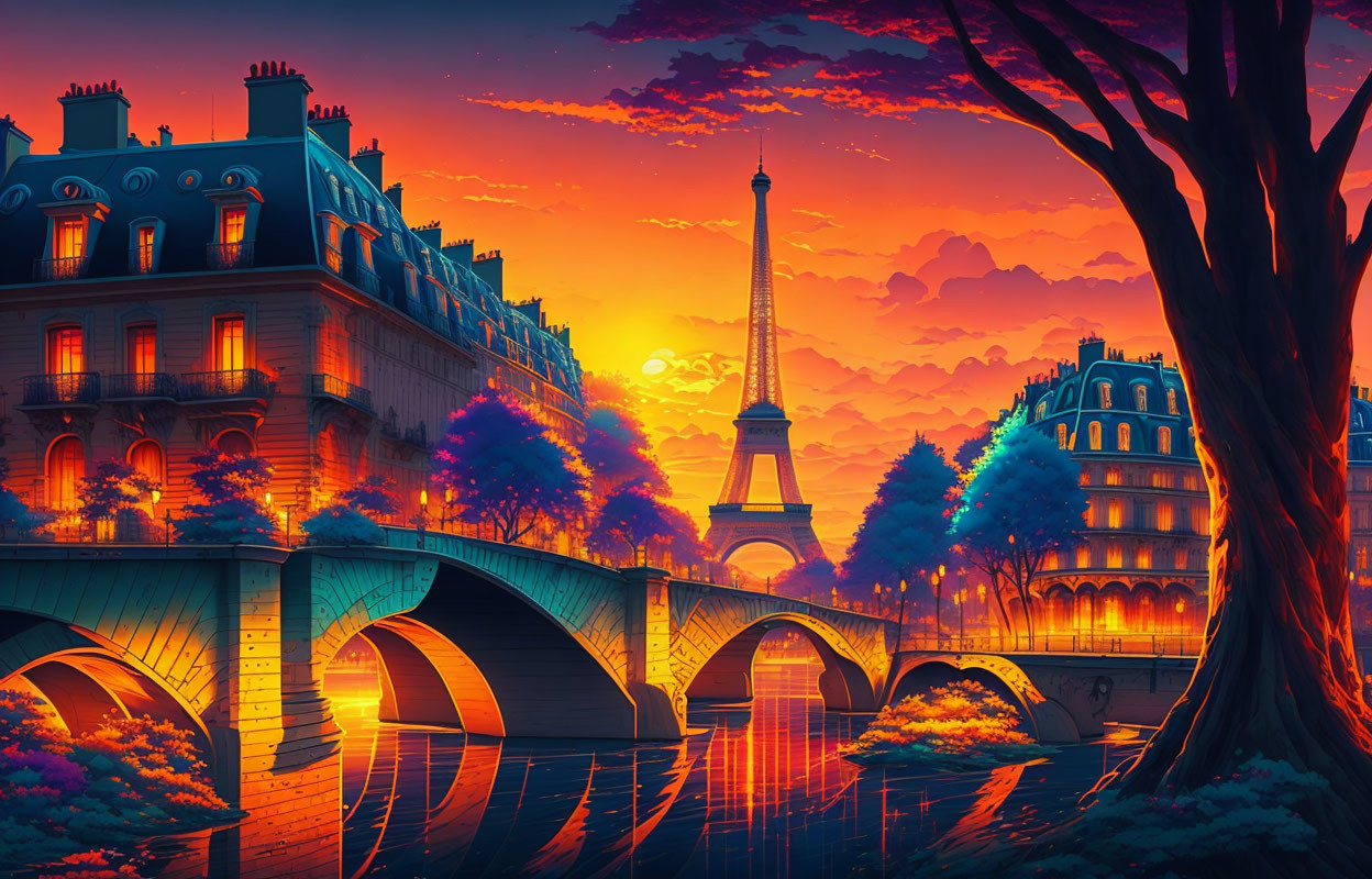 Digital Artwork: Paris Scene with Eiffel Tower at Sunset