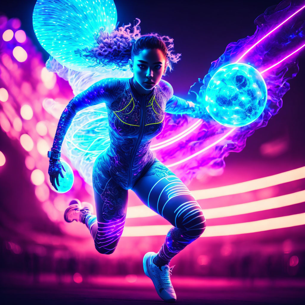 Futuristic female athlete with energy wings and glowing orb in vibrant neon setting