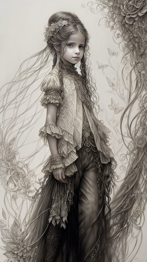 Detailed Victorian-style attire on young girl in monochromatic illustration