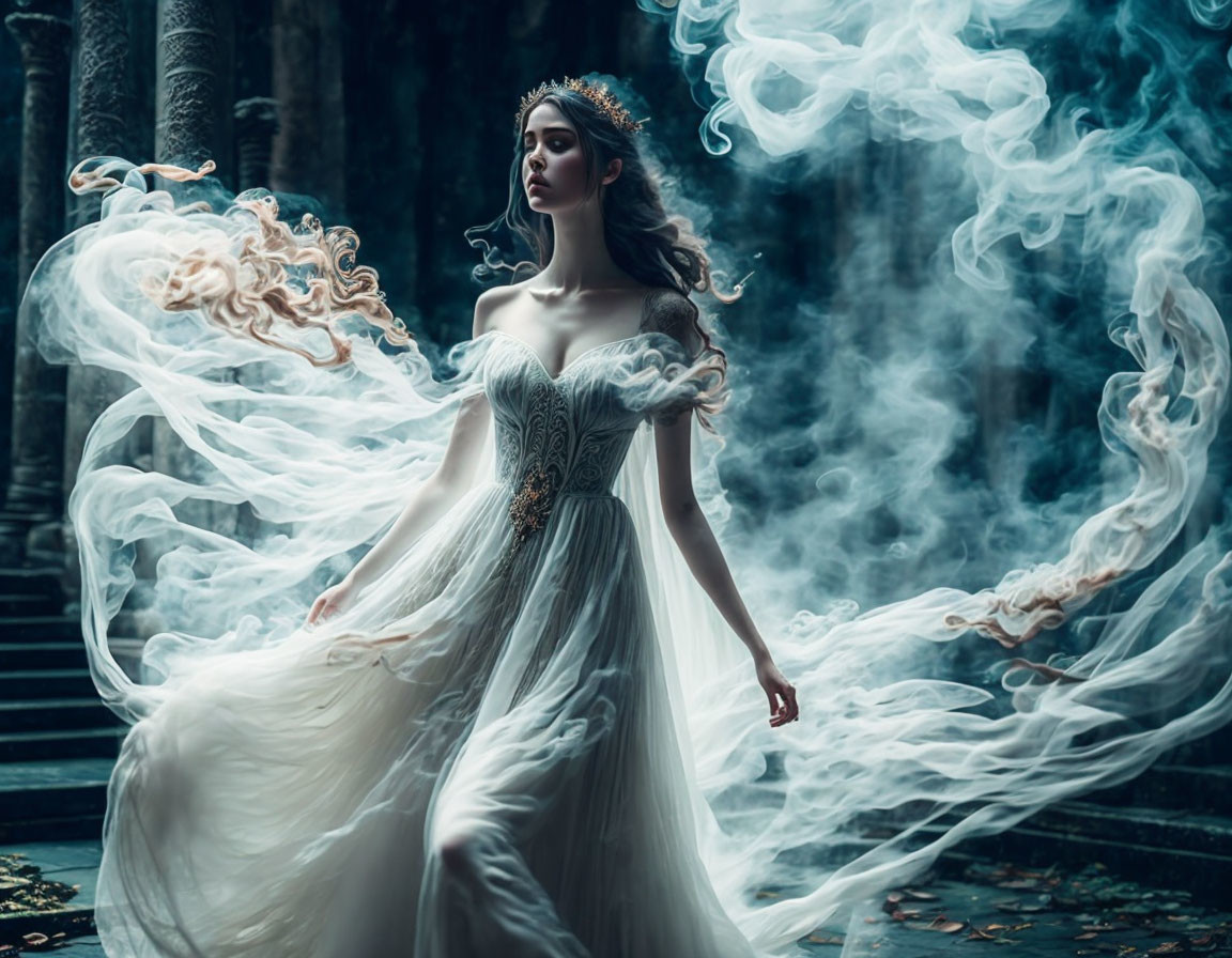 Mystical woman in white gown in enchanted forest