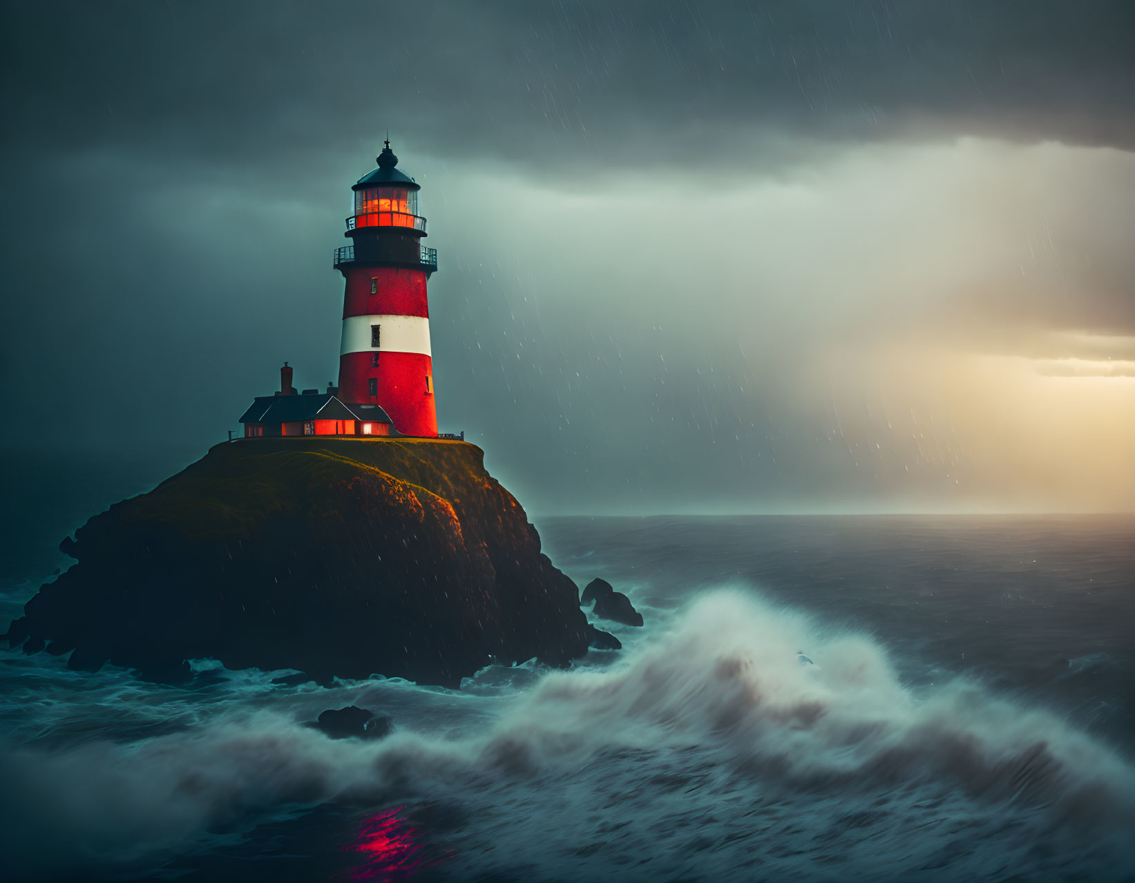 Striped lighthouse on rocky outcrop in stormy seas