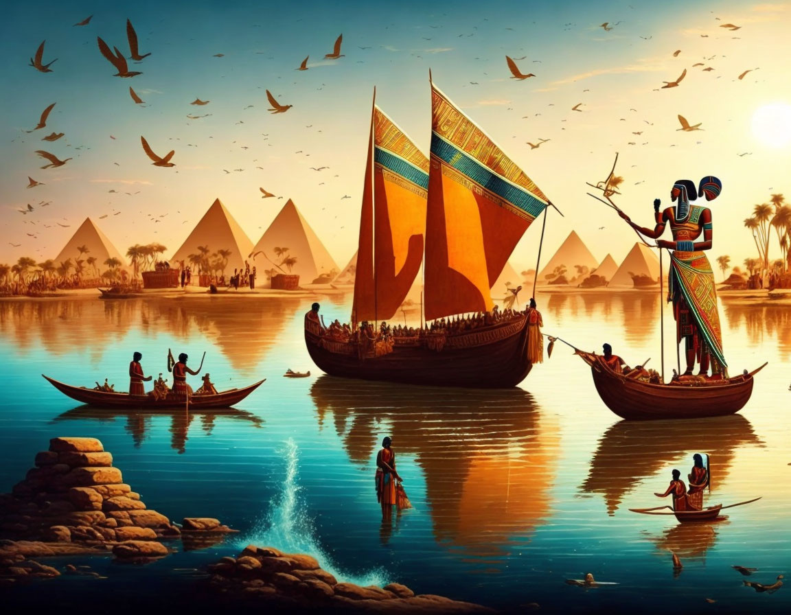 Ancient Egyptian river scene with boats, pyramids, and golden sunset