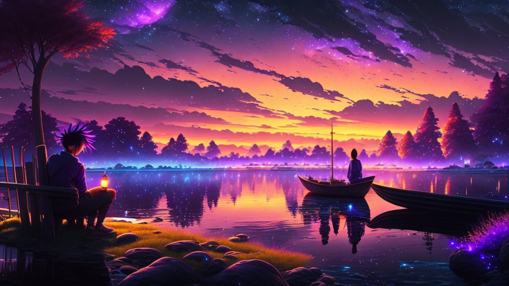 Serene lake at dusk with vibrant sky and fishing boat under purple sunset