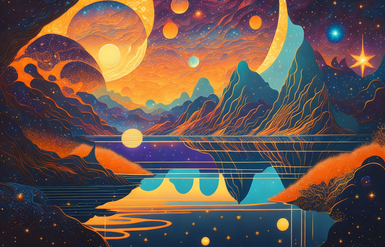 Colorful Surrealist Landscape with Mountains and Celestial Bodies