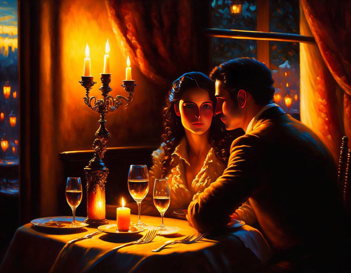 Intimate Candlelit Dinner Setting with Couple and Wine Glasses