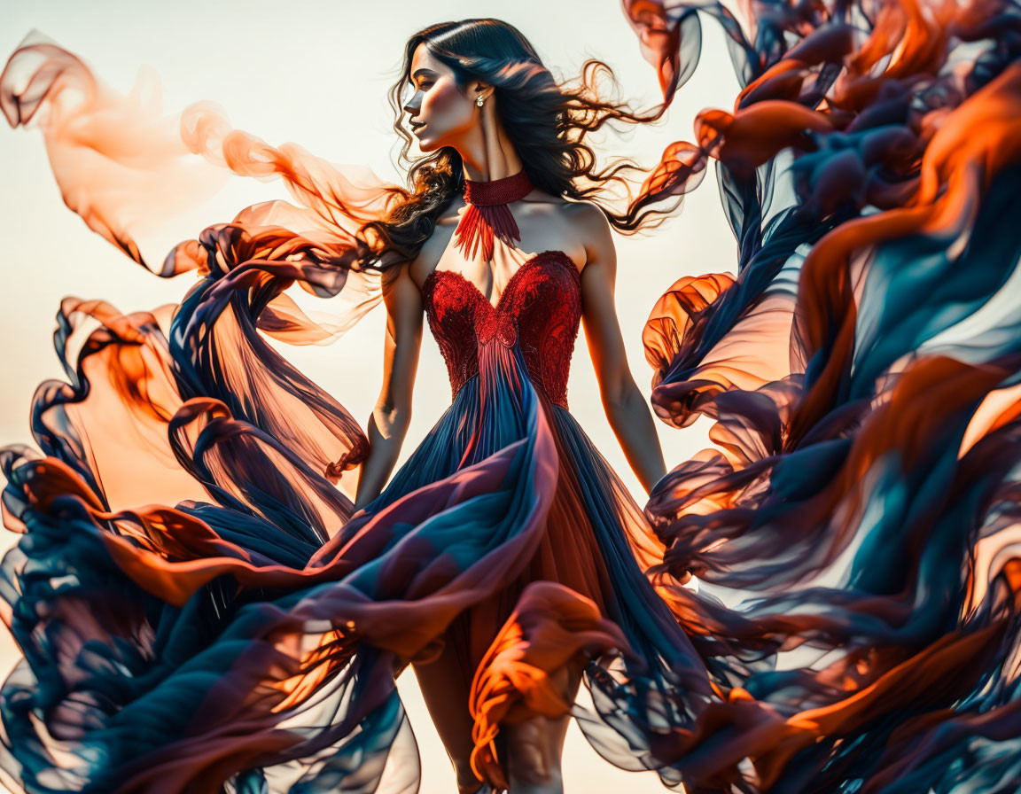 Woman in Red Flowing Dress Against Blue Sky