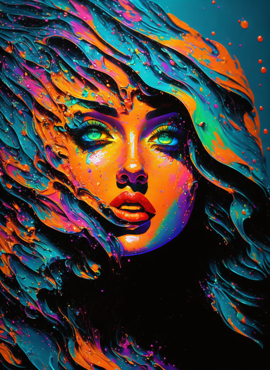 Colorful digital artwork: Woman's face with flowing hair in vibrant hues on turquoise backdrop