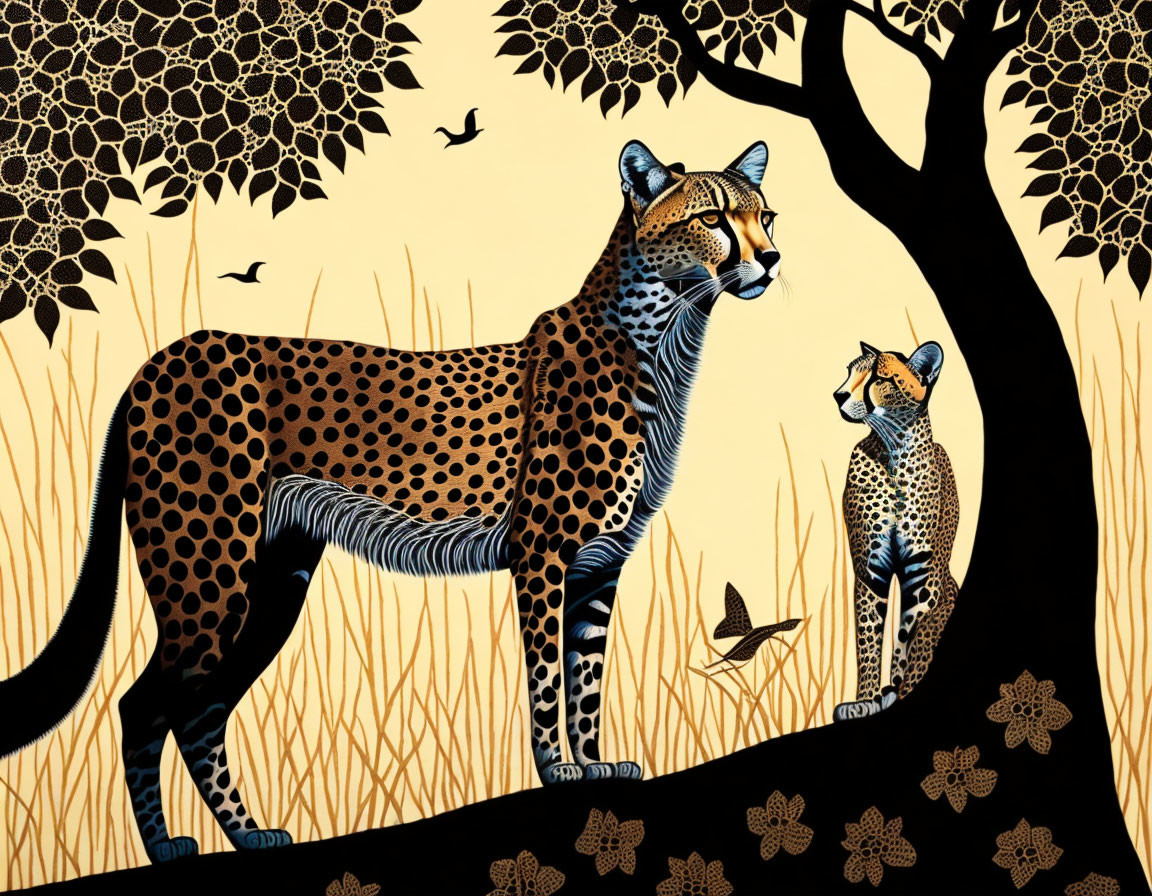 Cheetah and Cub in Stylized Savanna Scene