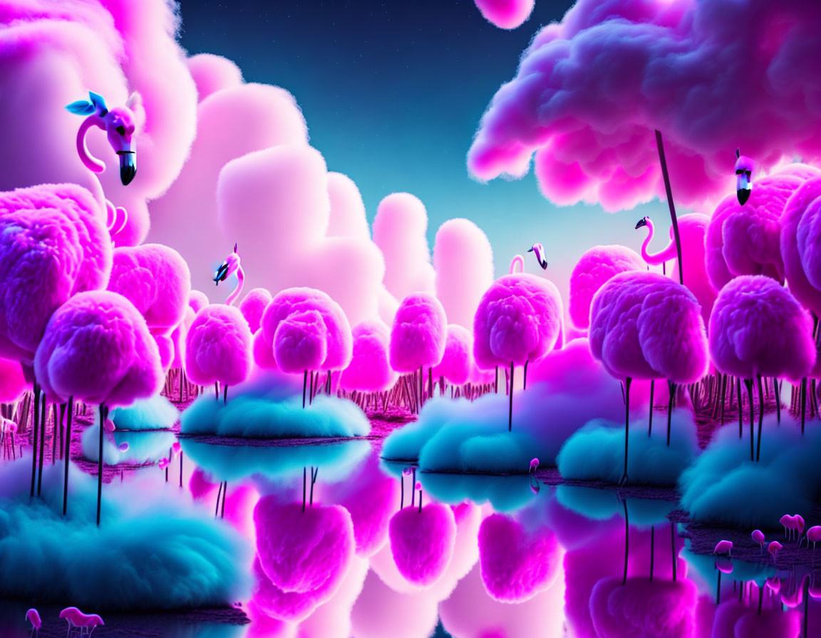 Surreal landscape with pink trees, flamingos, and purple sky.