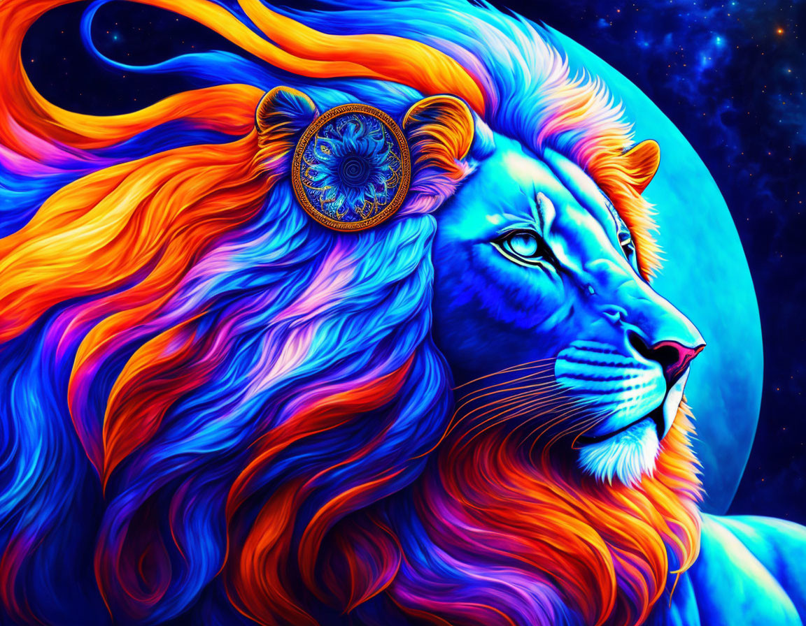 Majestic blue lion with orange mane in starry sky and full moon