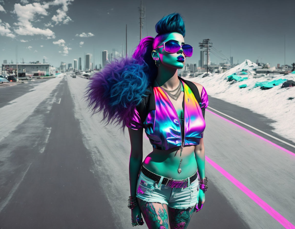 Blue-haired woman with sunglasses on city road with vibrant cybertonic color palette