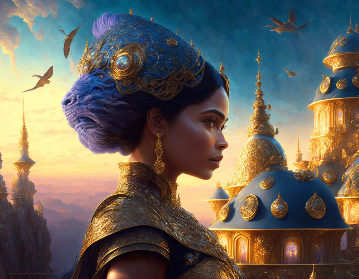 Regal woman in golden armor and jeweled headdress against cityscape at sunset