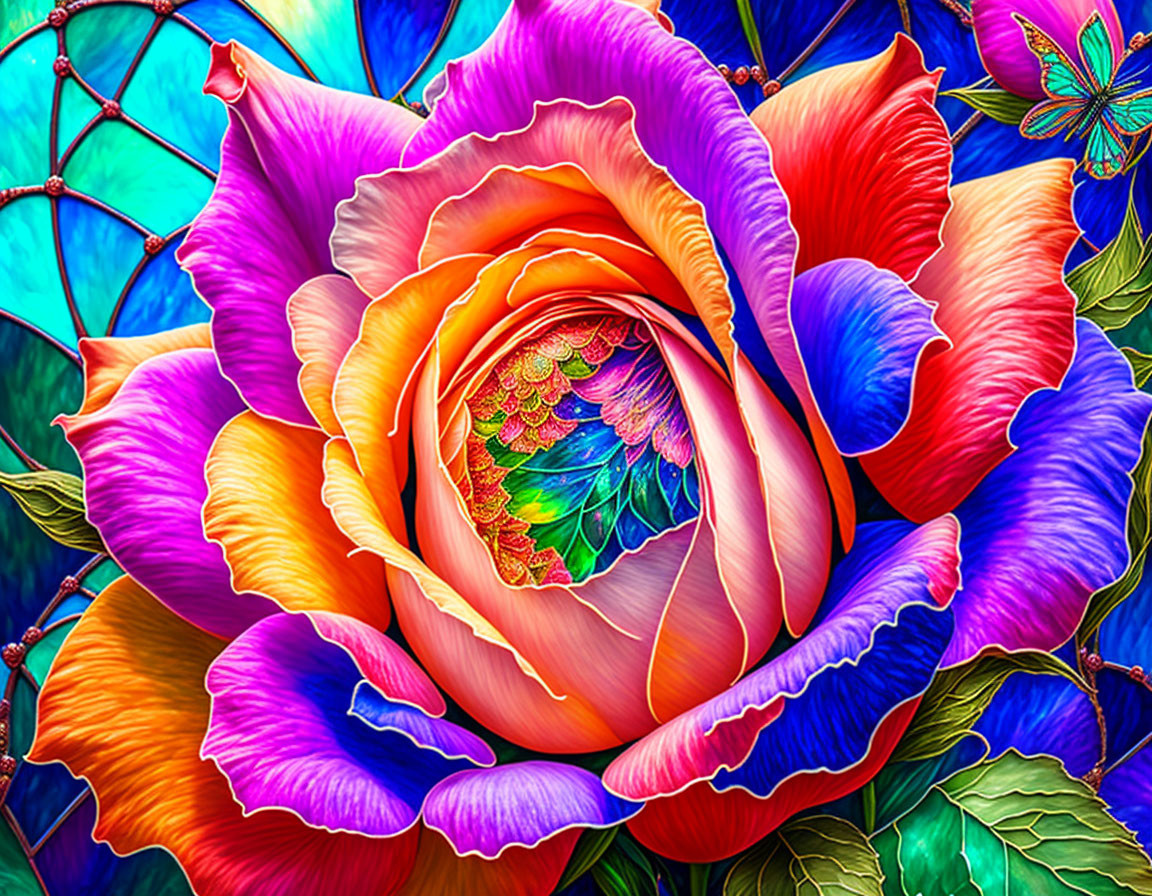 Multicolored rose against stained-glass background with butterfly